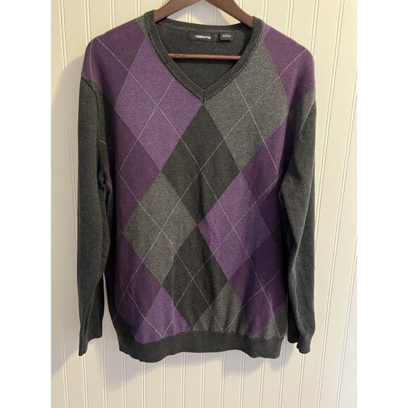 Men’s Argyle Sweater V-Neck Grey And Purple Size Large 100% Cotton - Picture 1 of 4